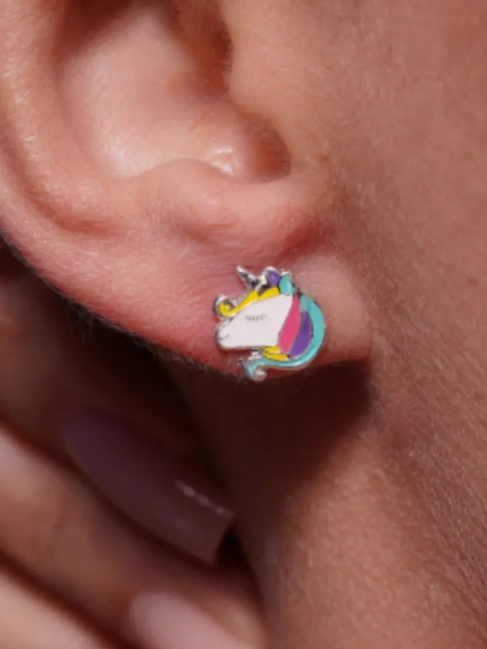 Sterling Silver 925 High Polished Colored Enamel Unicorn Head Screw Stud Earring